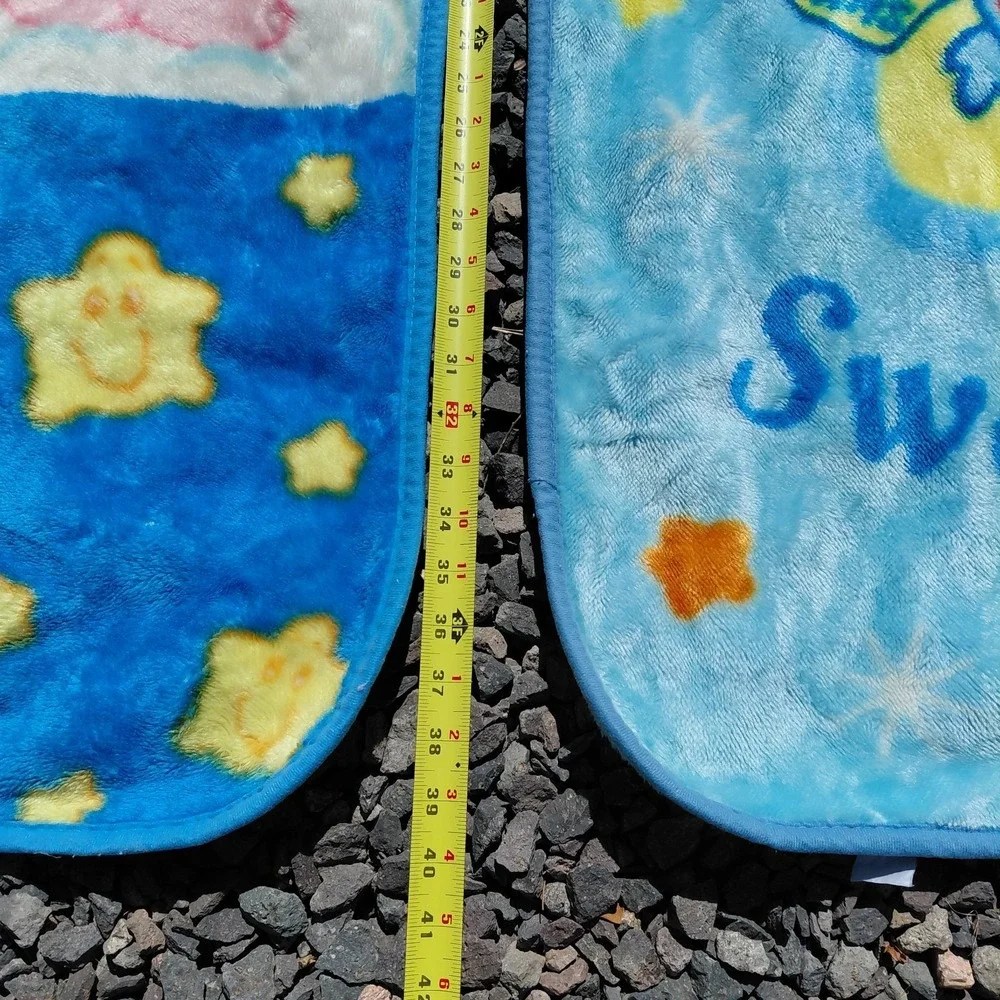 2 Vtg Care Bears Sweet Dreams Bedtime Bear Toddler Baby Blanket Blue Fuzzy Z